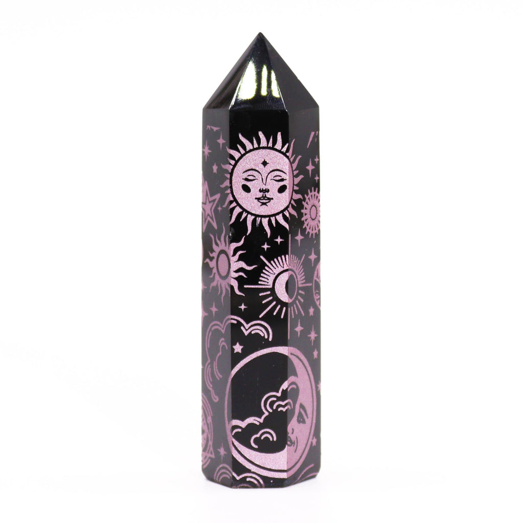 Engraved Black Obsidian Point - Rose Pink Celestial Symbols – view 7