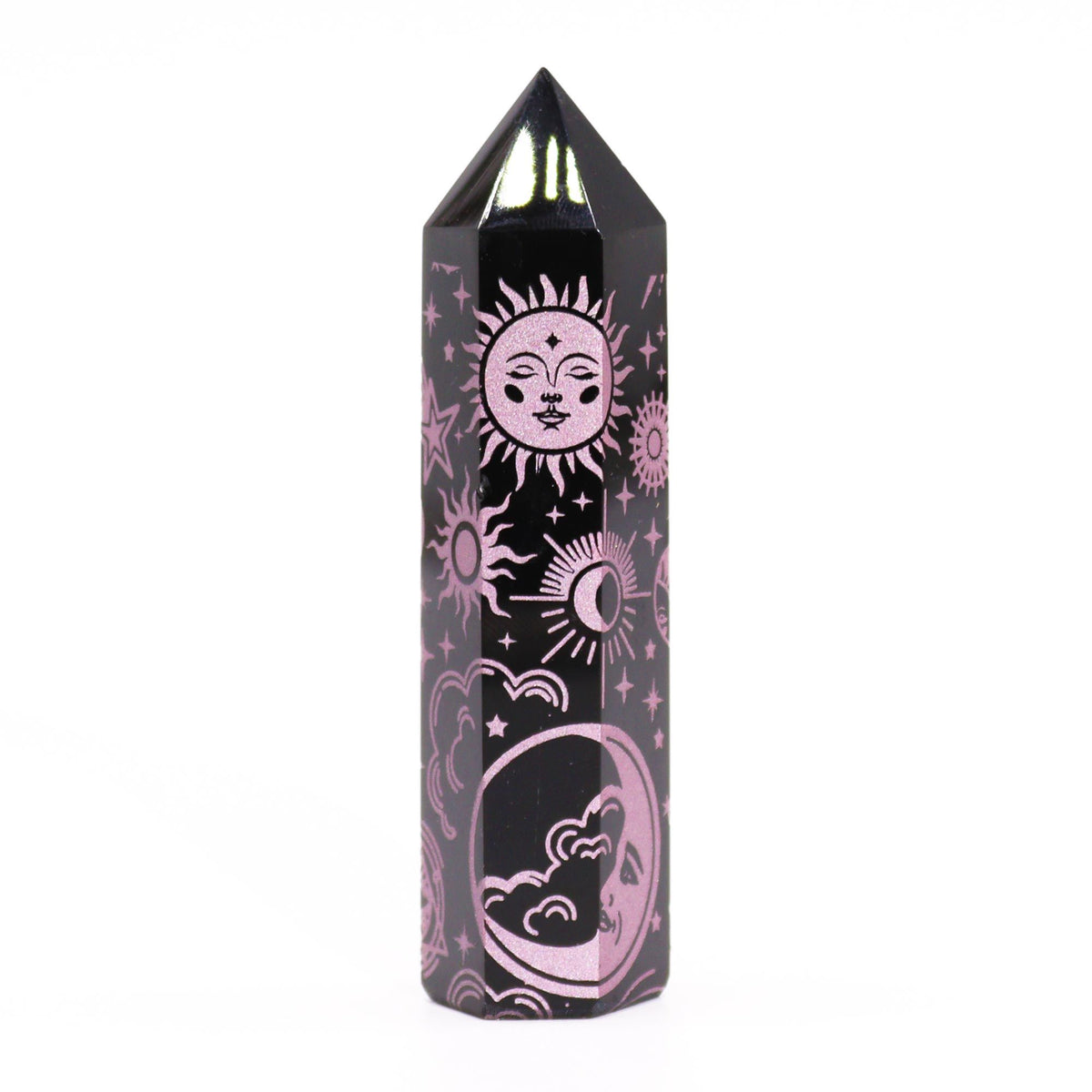 Engraved Black Obsidian Point - Rose Pink Celestial Symbols – view 7
