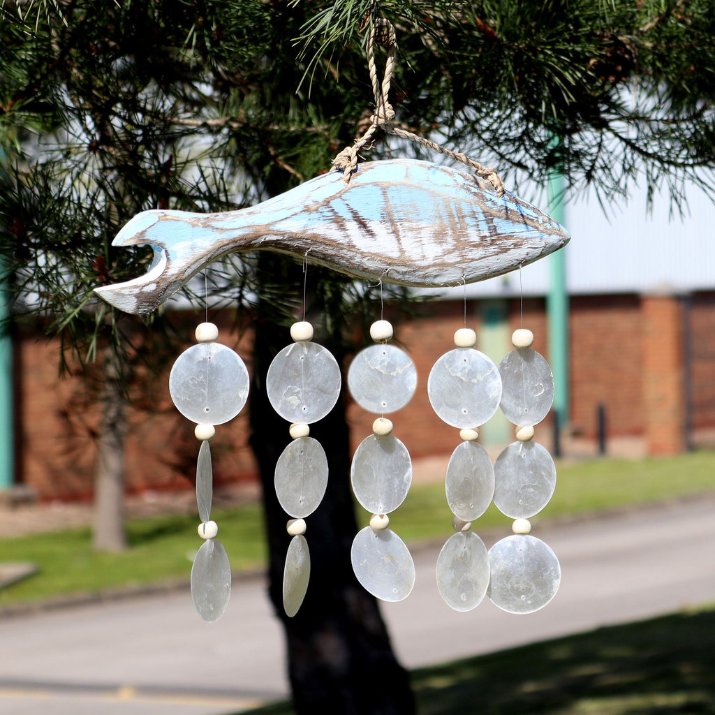 Bluewash Fish Carving & Natural Capiz Wind Chime – view 5
