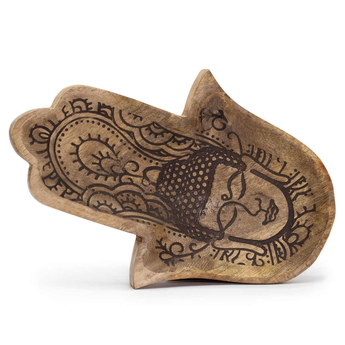 Mango Wood Hamsa-Shaped Tray with Buddha, Black Engraved