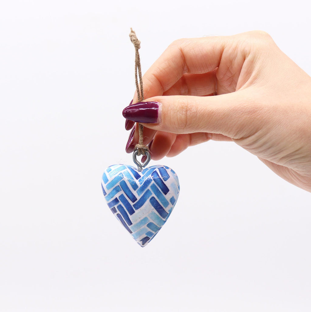 Small Mango Wood Heart, Blue Stripes