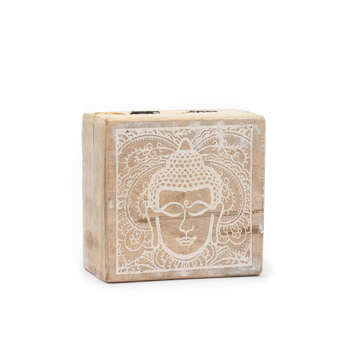 Mango Wood Small Square Box, Buddha Face Whitewash