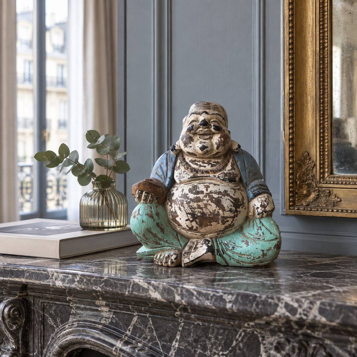 Handgeschnitzte Vintage-Buddha-Statue, 30 cm, Blau-Mint, Happy Buddha