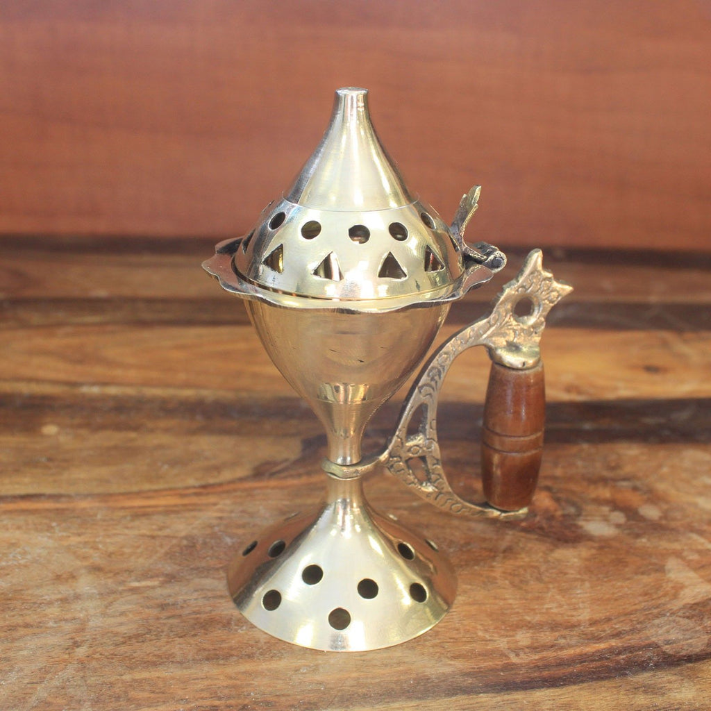 Brass Cone Incense Burner with Carved Handle – view 4