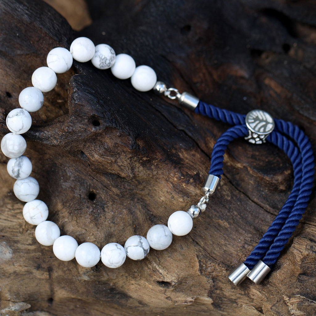White Howlite Gemstone Bead Bracelet on Navy Cord – view 4