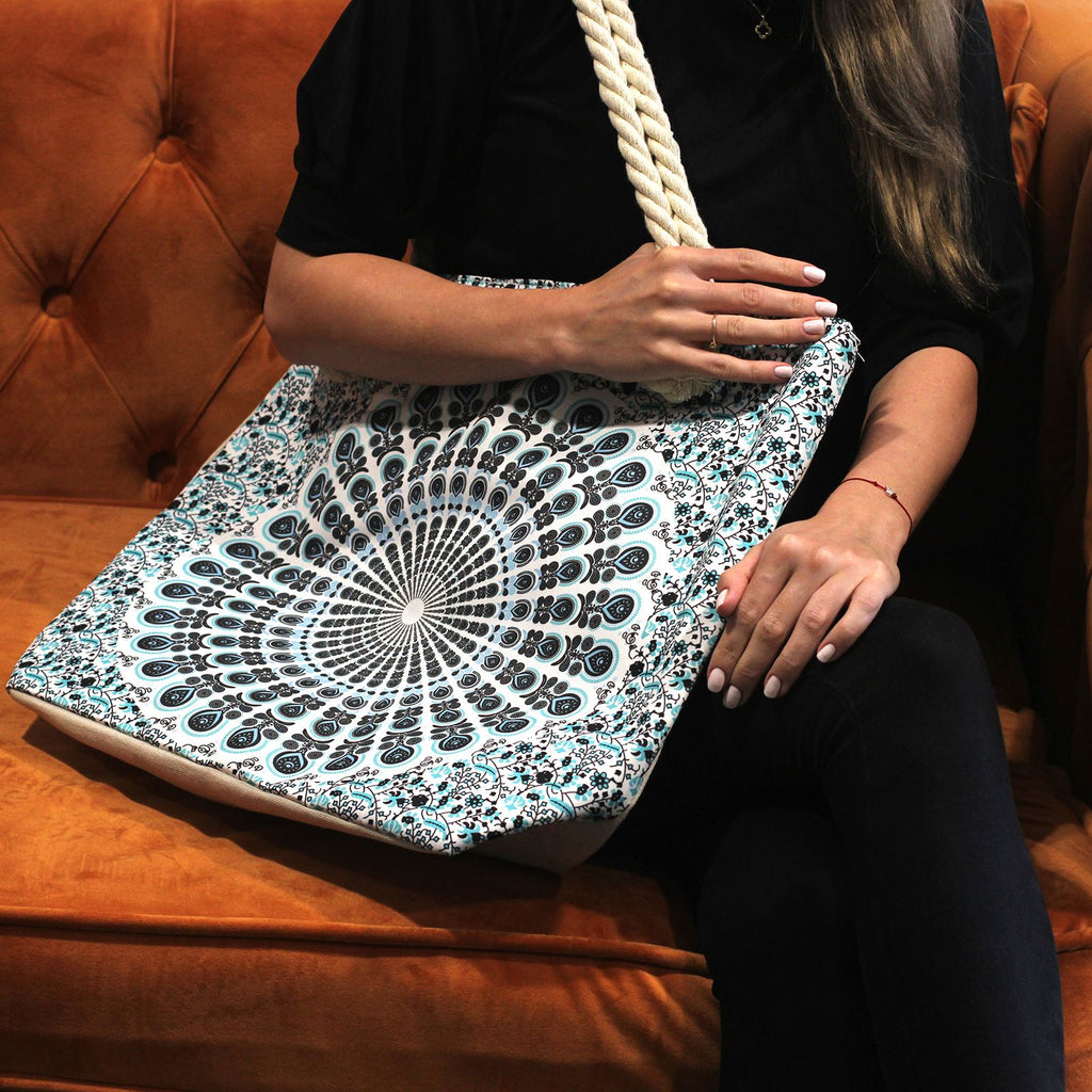 Rope Handle Mandala Beach Bag in Sky Blue – view 3