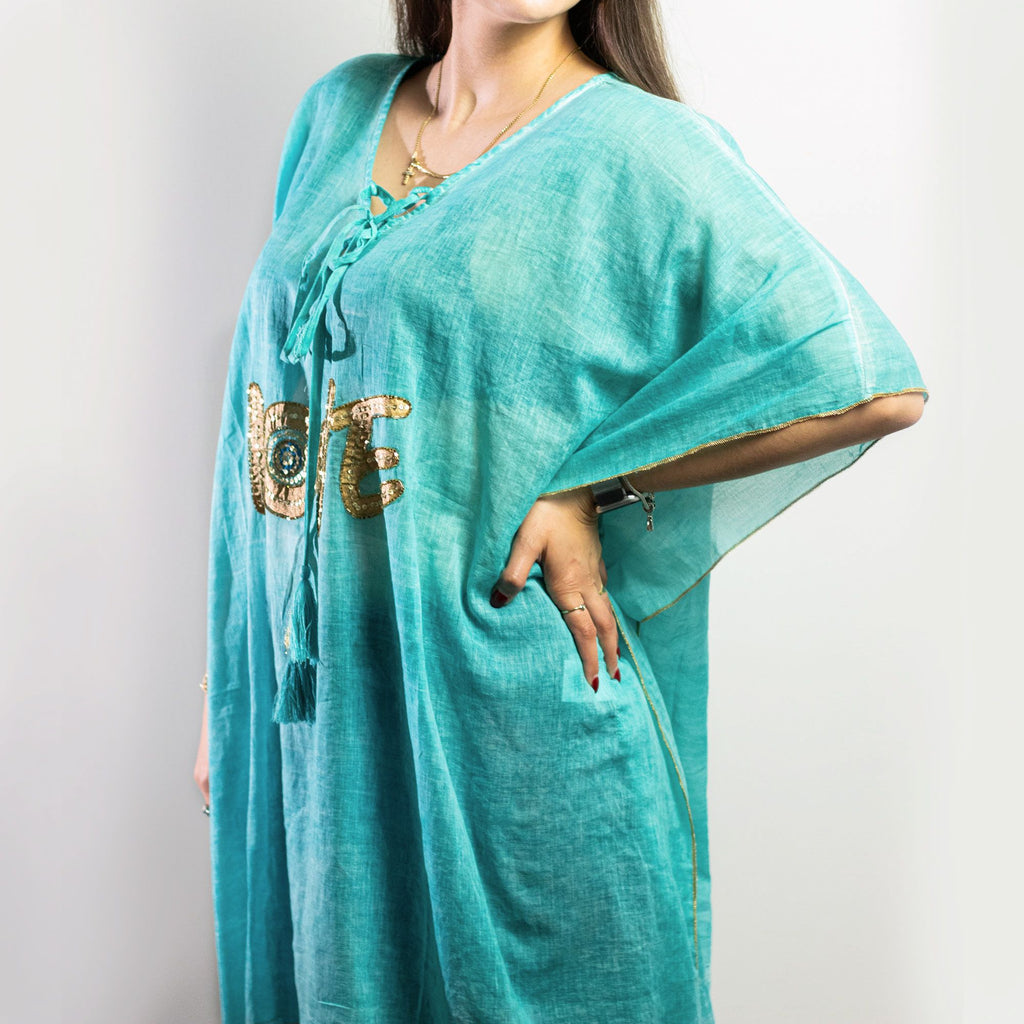 Nomad Sari Kaftan in Turquoise & Gold Love Design