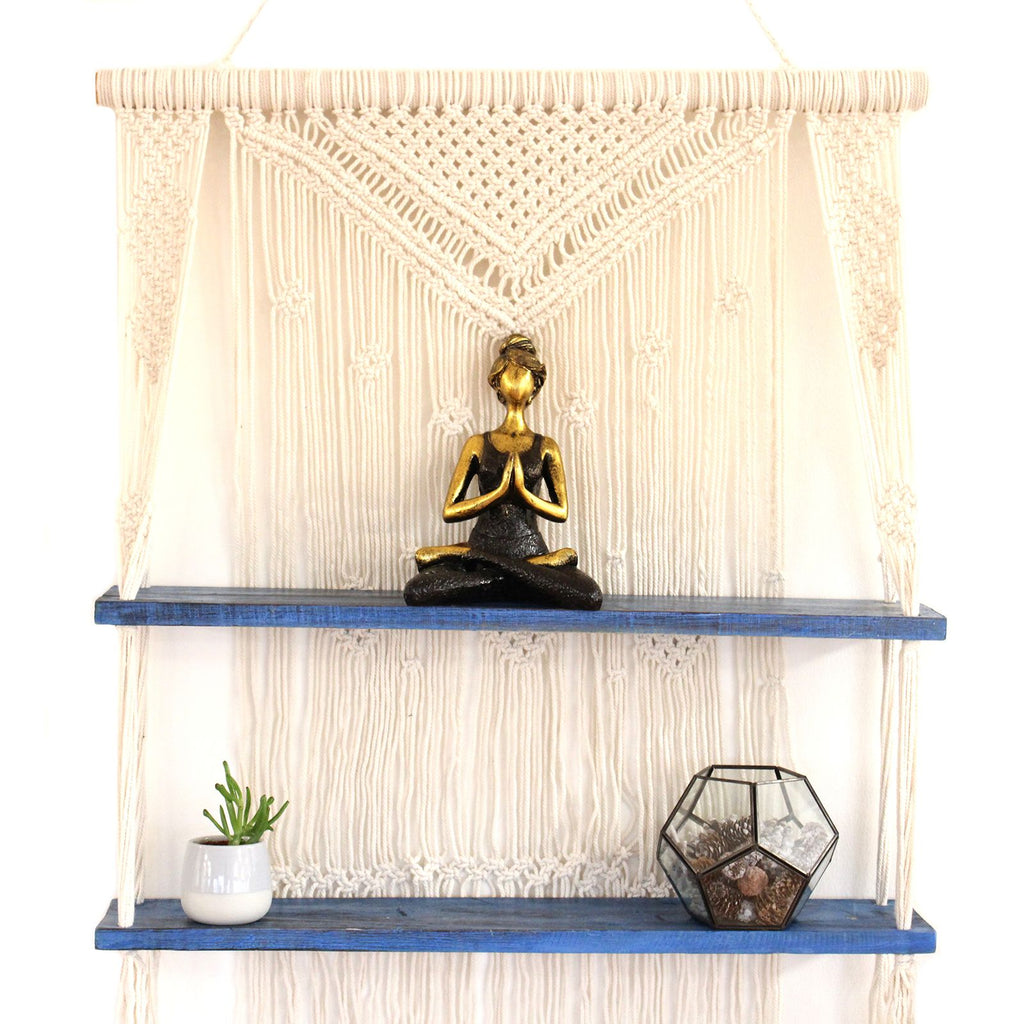 Macrame Hanging Shelf - Natural Wood, Blue Rope, 150 cm – view 6