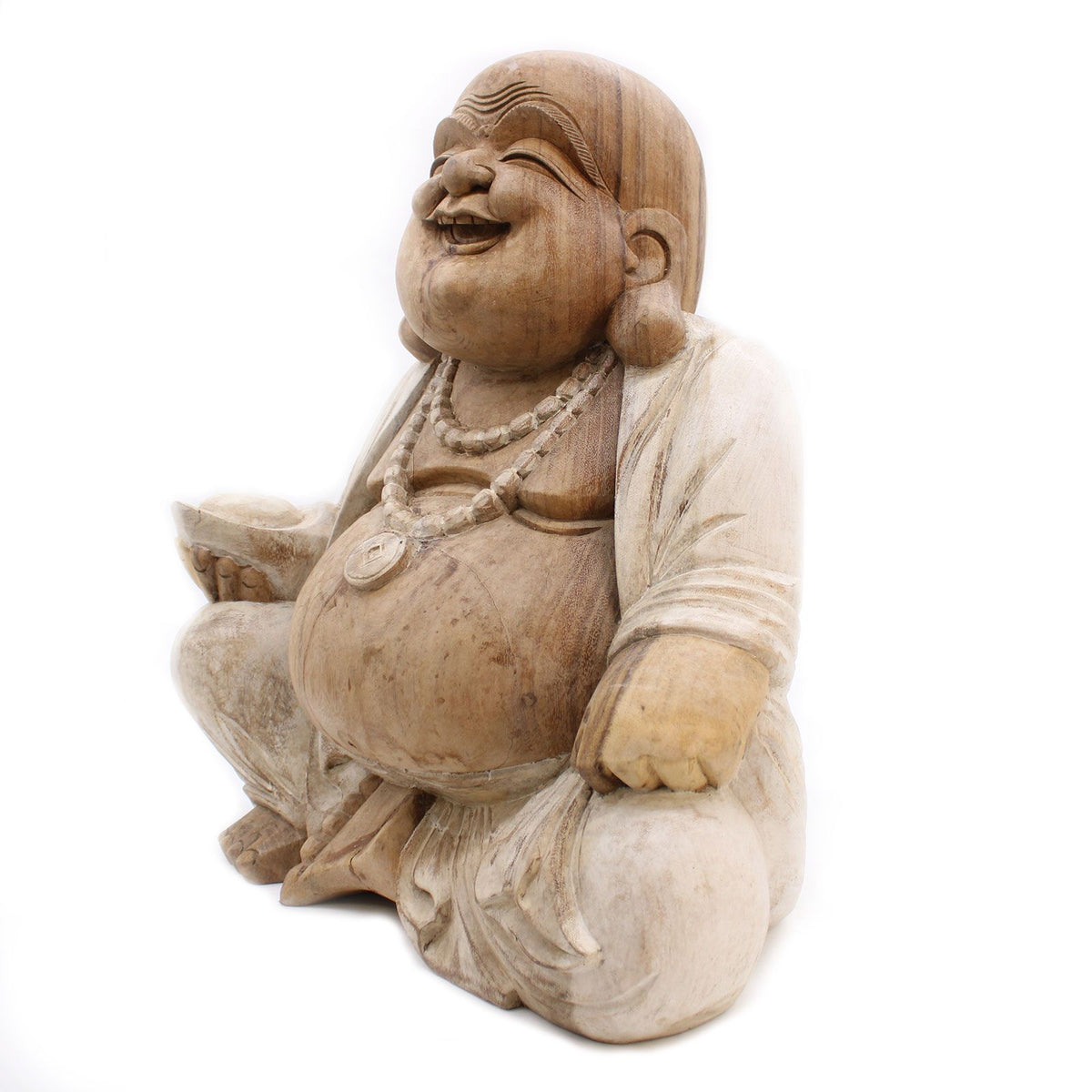 Hand Carved Happy Buddha Statue, Whitewash, 50cm – view 6