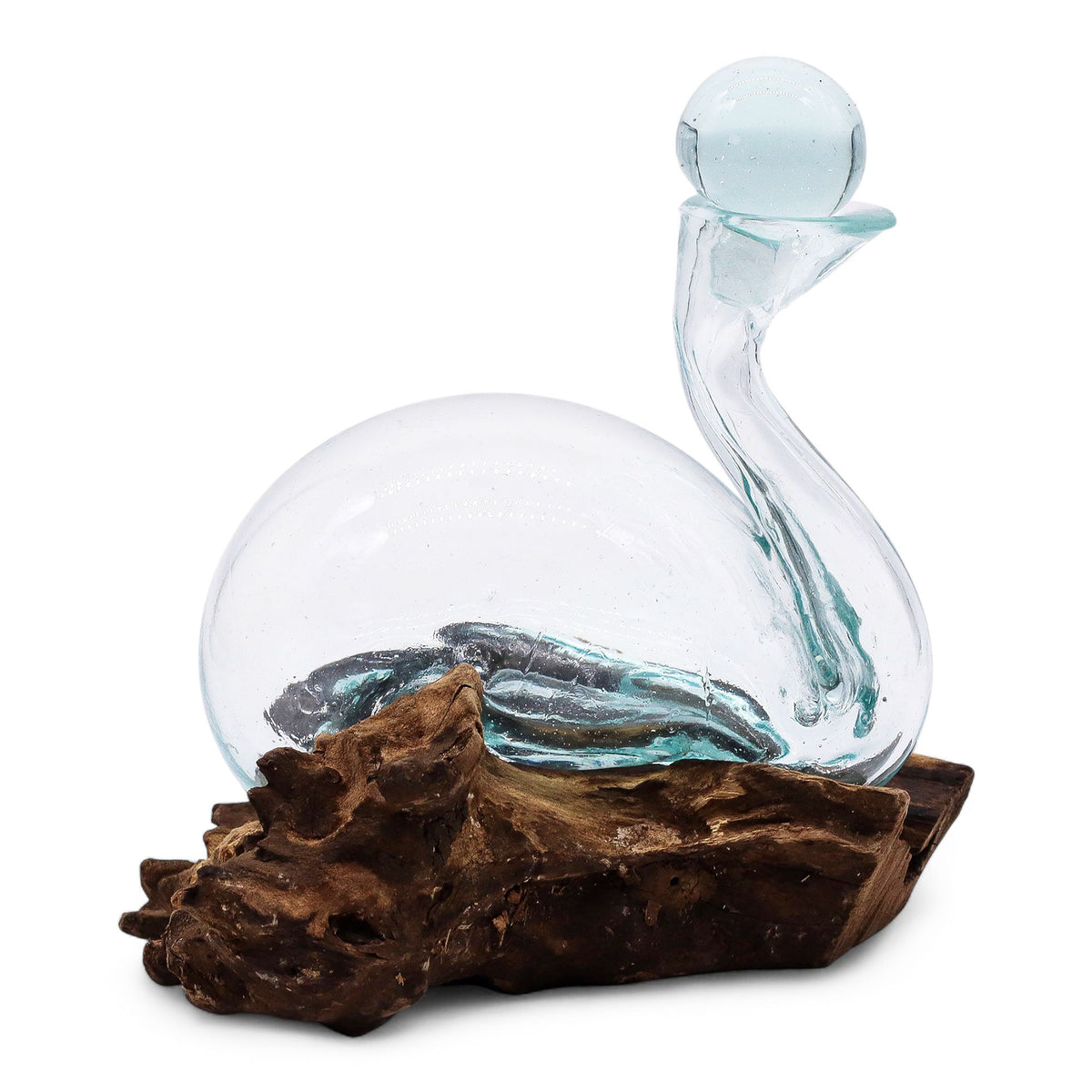 Decantor rață din sticlă topită pe lemn cu dop 19cm