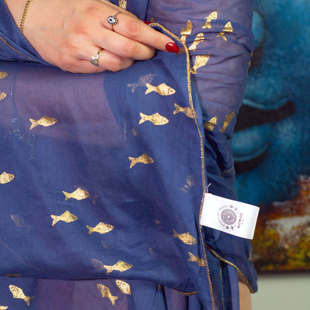 Nomad Sari Sea Blue Pareo with Gold Fish Design – view 5