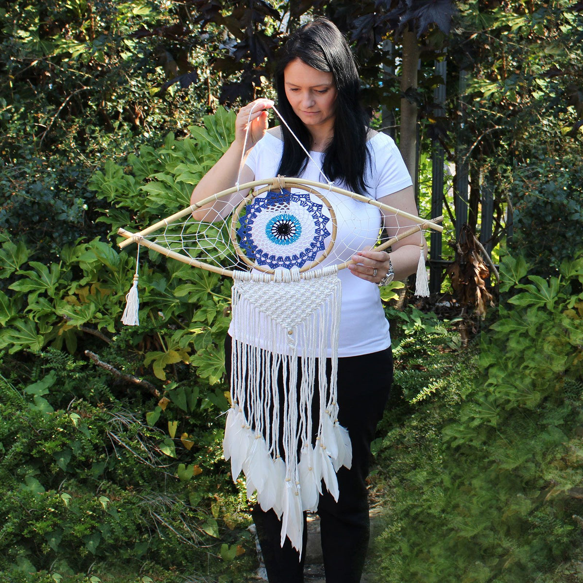 Large Macrame Eye Dream Catcher - Blue, White & Pink – view 2