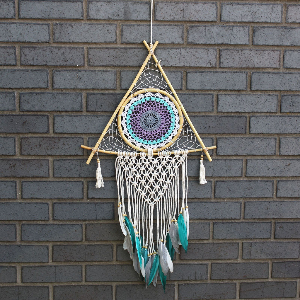 Large Macrame Pyramid Dream Catcher - White & Turquoise – view 3