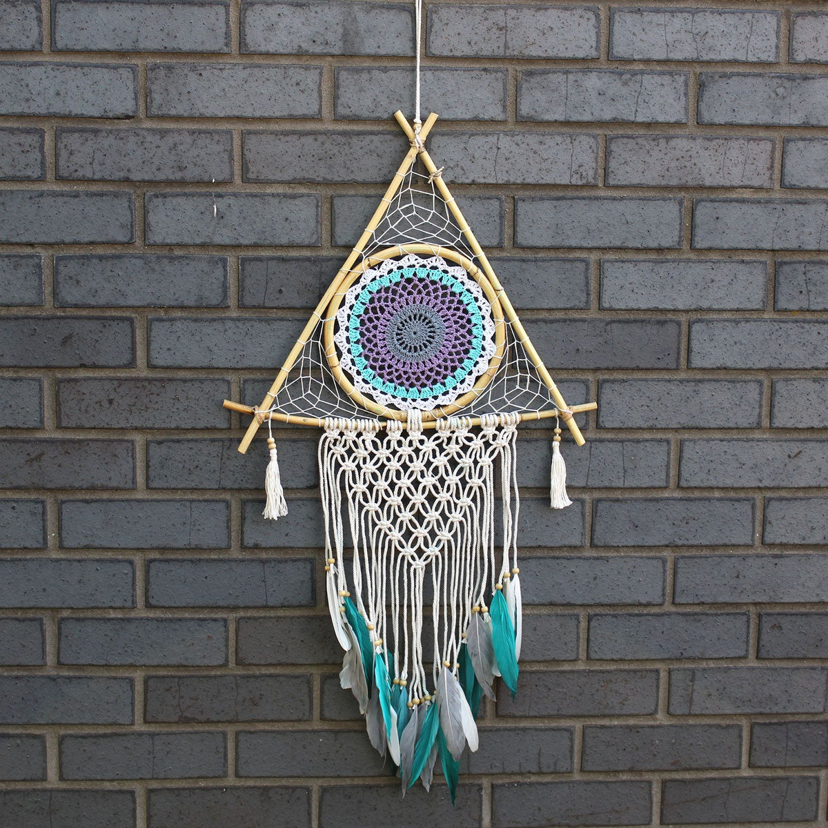 Large Macrame Pyramid Dream Catcher - White & Turquoise – view 3