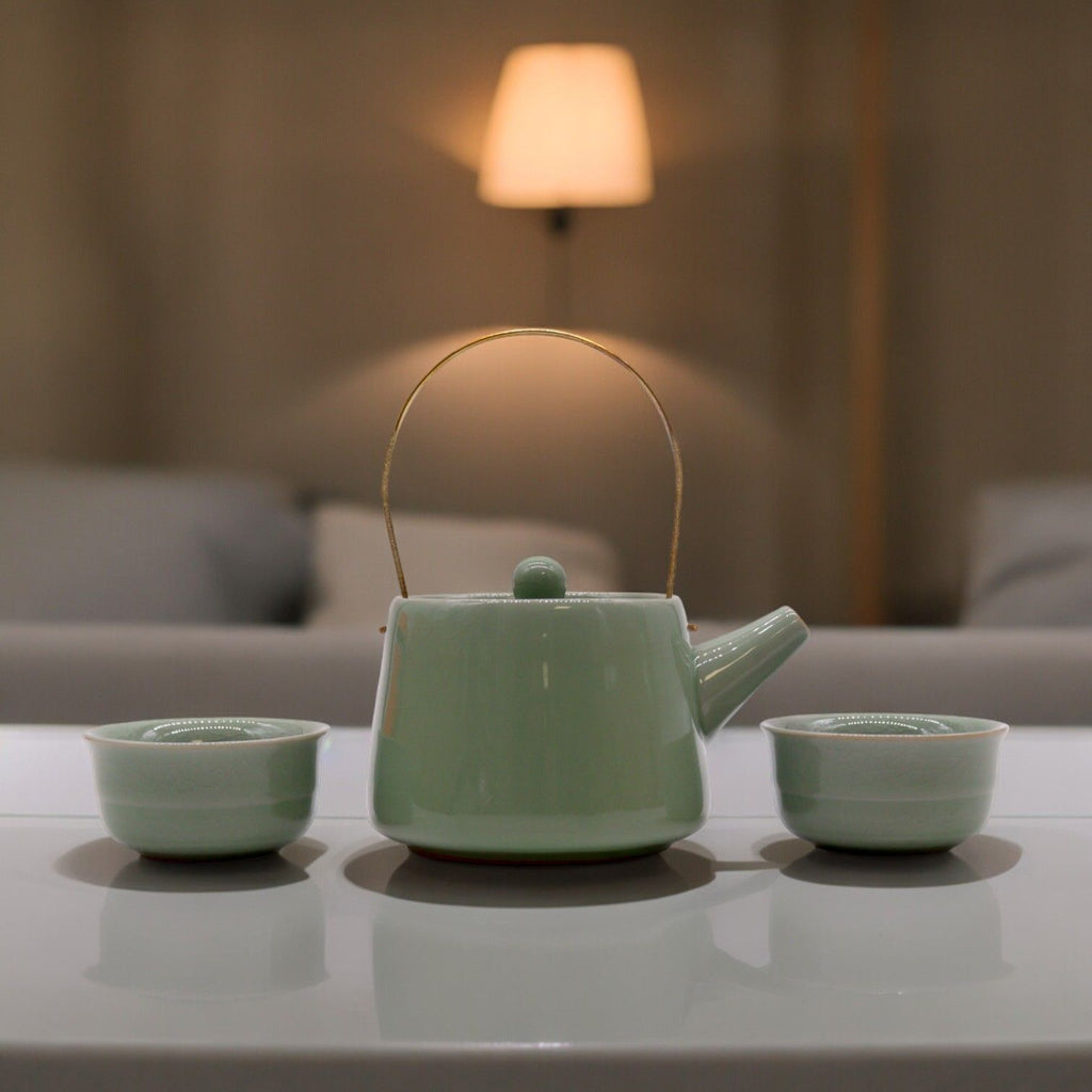 Jade Green Ceramic Teapot Set - Pot & Two Cups – view 3
