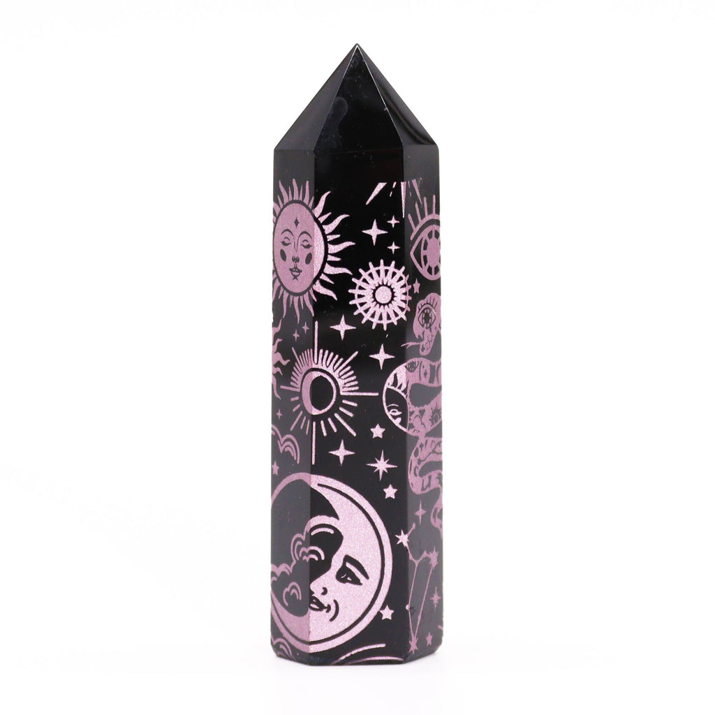 Engraved Black Obsidian Point - Rose Pink Celestial Symbols – view 2