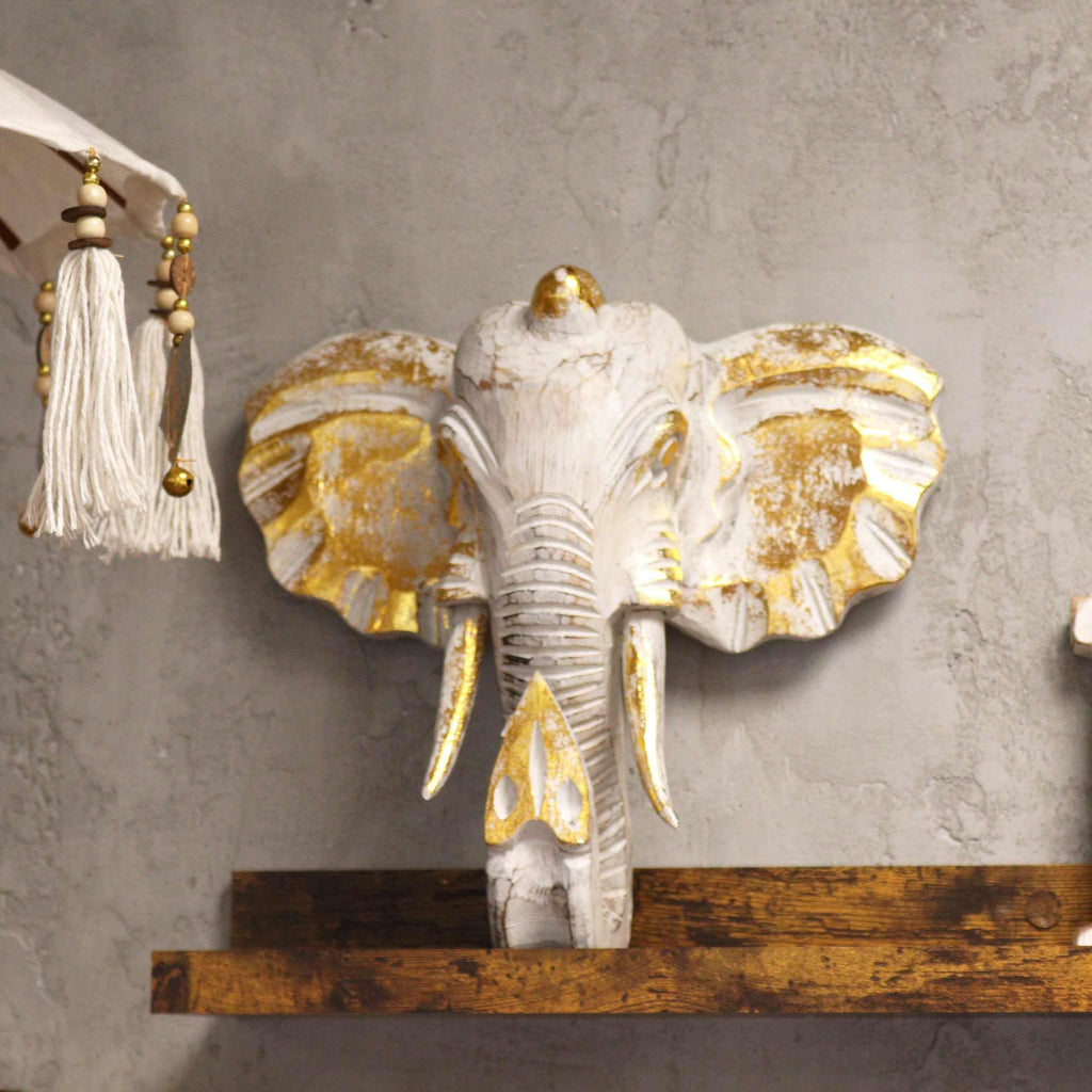 Large Wood Elephant Head, Gold and Whitewash – view 4
