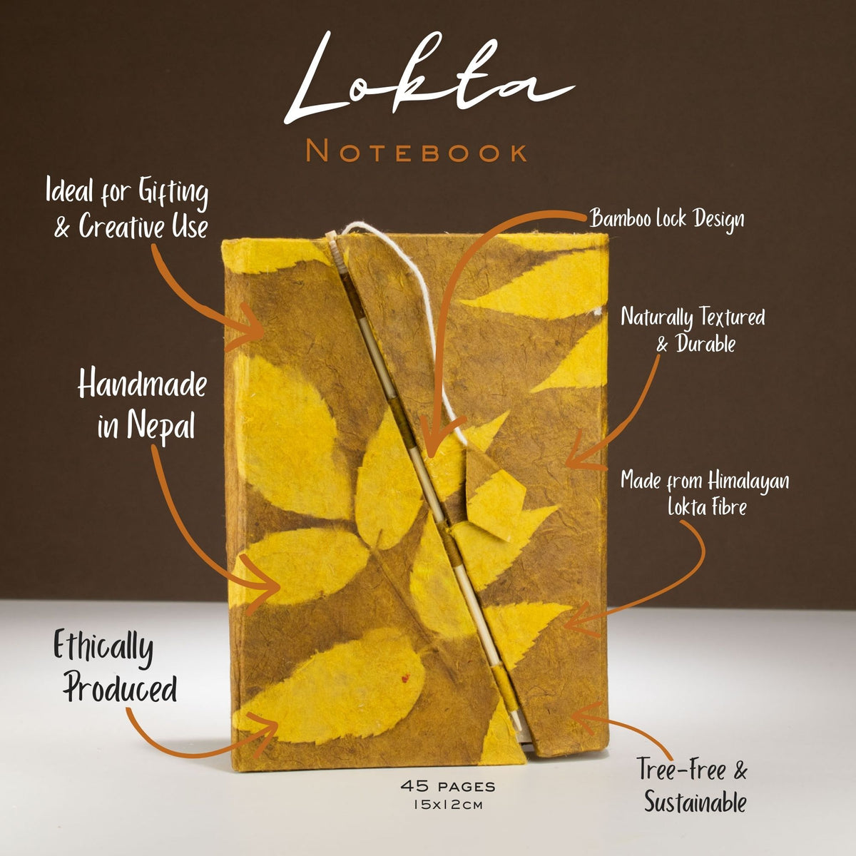 Lokta Bold Floral Notebook – Medium, Bamboo Lock – Mustard Brown – view 2
