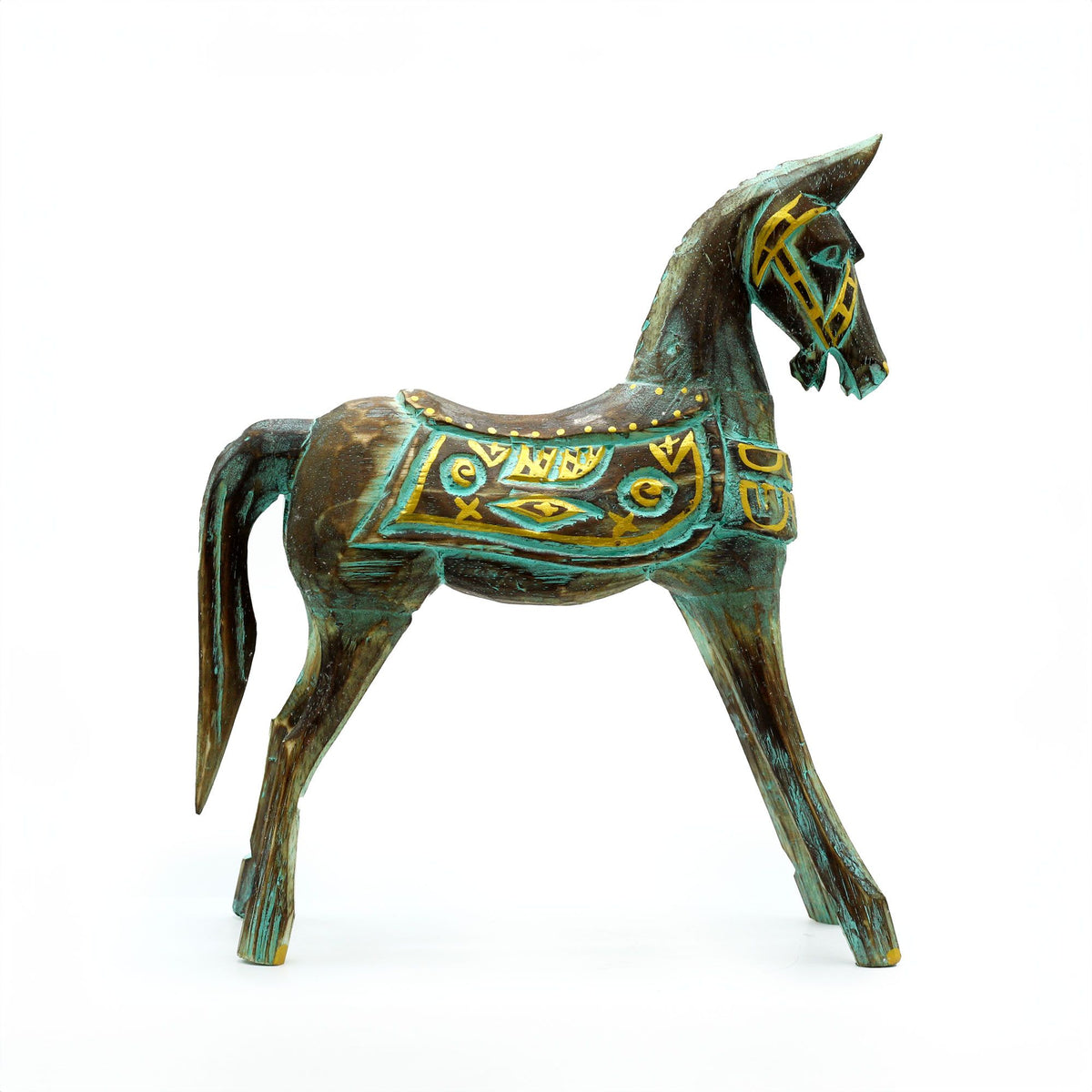 Medium Gold and Turquoise Wood Horse, 25 cm – view 3