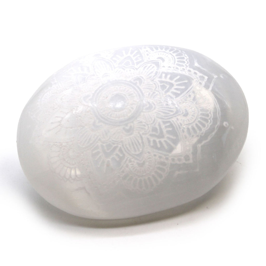 Selenite Palm Stone with Mandala Engraving – view 3