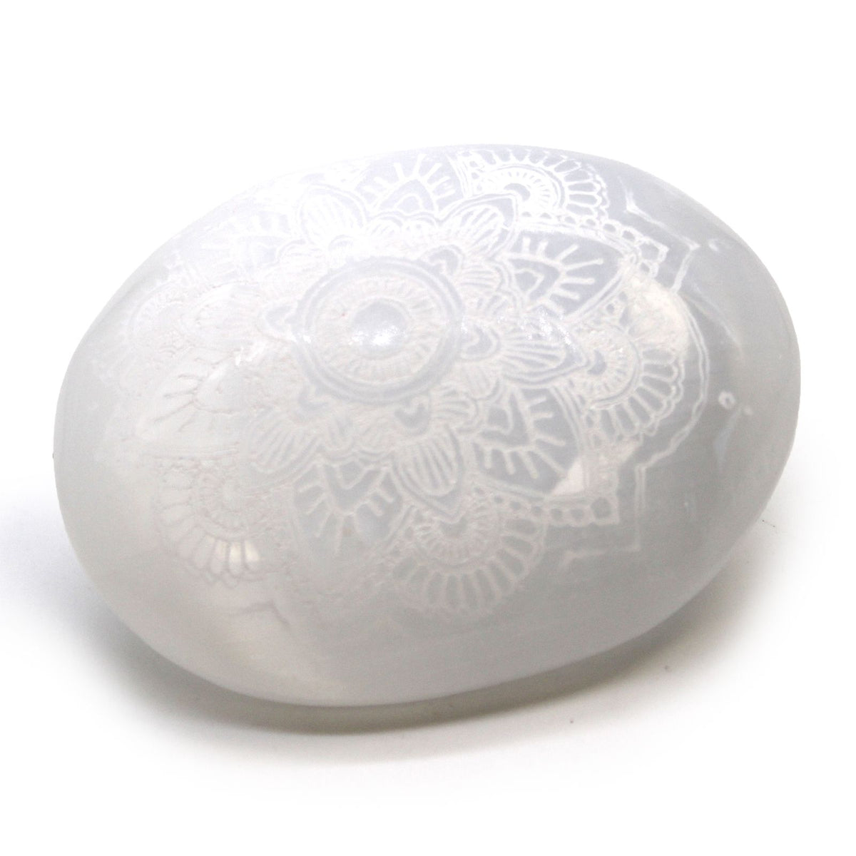 Selenite Palm Stone with Mandala Engraving – view 3