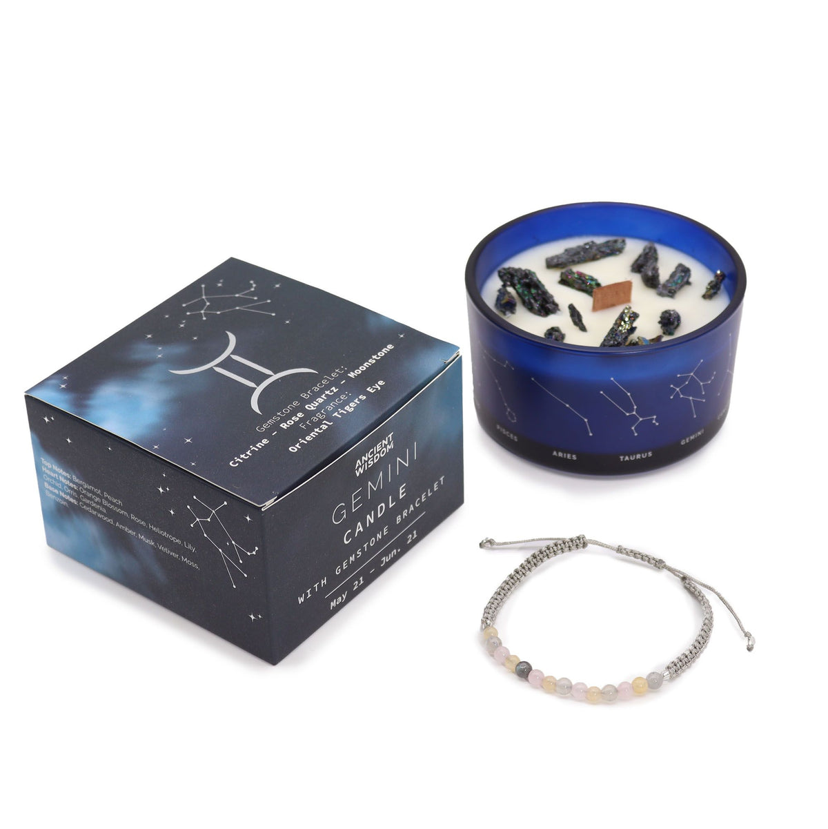 Gemini Zodiac Crystal Candle with Gemstone Bracelet – view 5