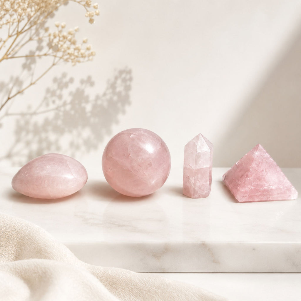 Rose Quartz Gemstone Shapes Set - Heart, Sphere, Obelisk, Pyramid – view 3