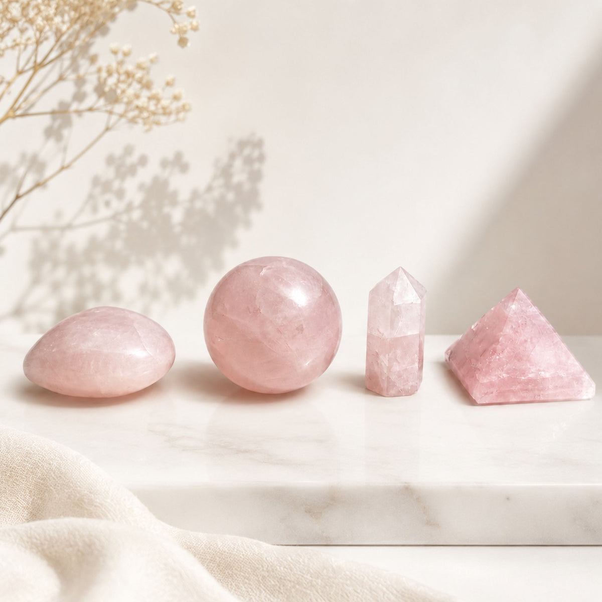 Rose Quartz Gemstone Shapes Set - Heart, Sphere, Obelisk, Pyramid – view 3