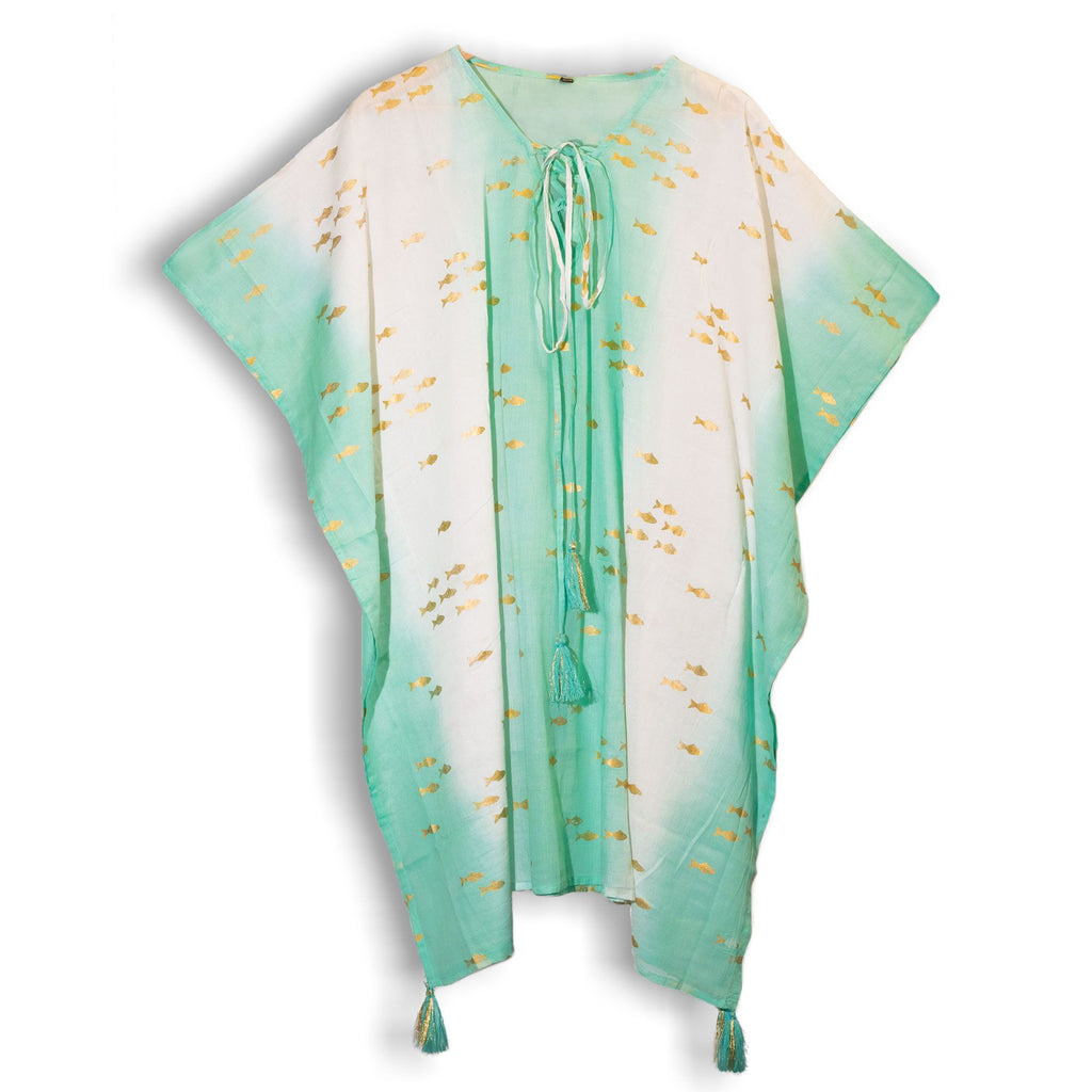 Nomad Sari Kaftan in White, Turquoise & Gold Fish Design