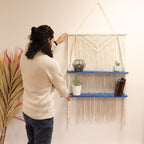 Macrame Hanging Shelf - Natural Wood, Blue Rope, 150 cm – view 2