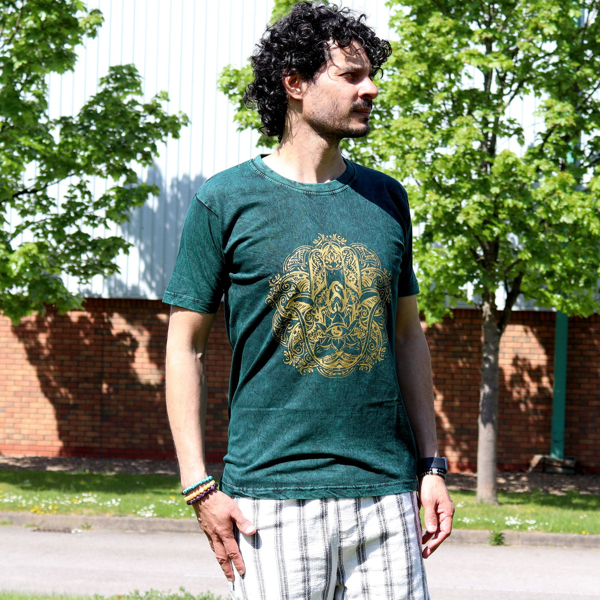 Nomad Sari Stonewashed T-Shirt - Hamsa - Green - Small – view 2