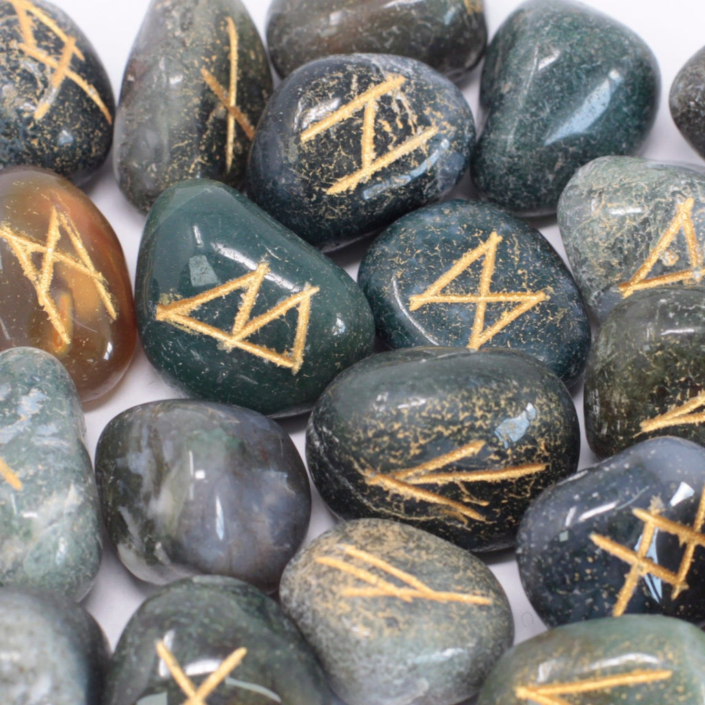 Moss Agate Rune Stone Set in Cotton Pouch – view 3