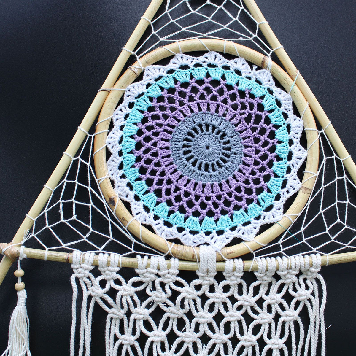 Large Macrame Pyramid Dream Catcher - White & Turquoise