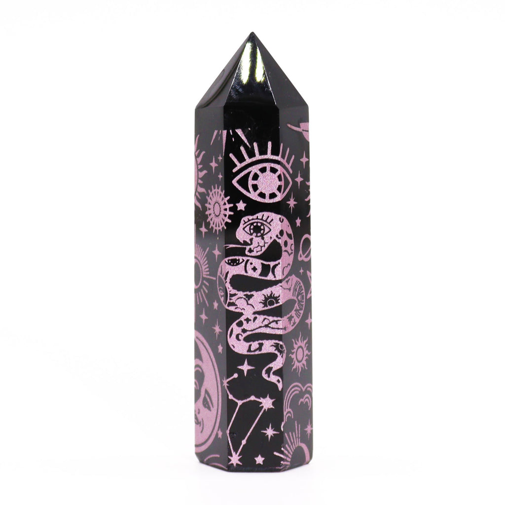 Engraved Black Obsidian Point - Rose Pink Celestial Symbols – view 6