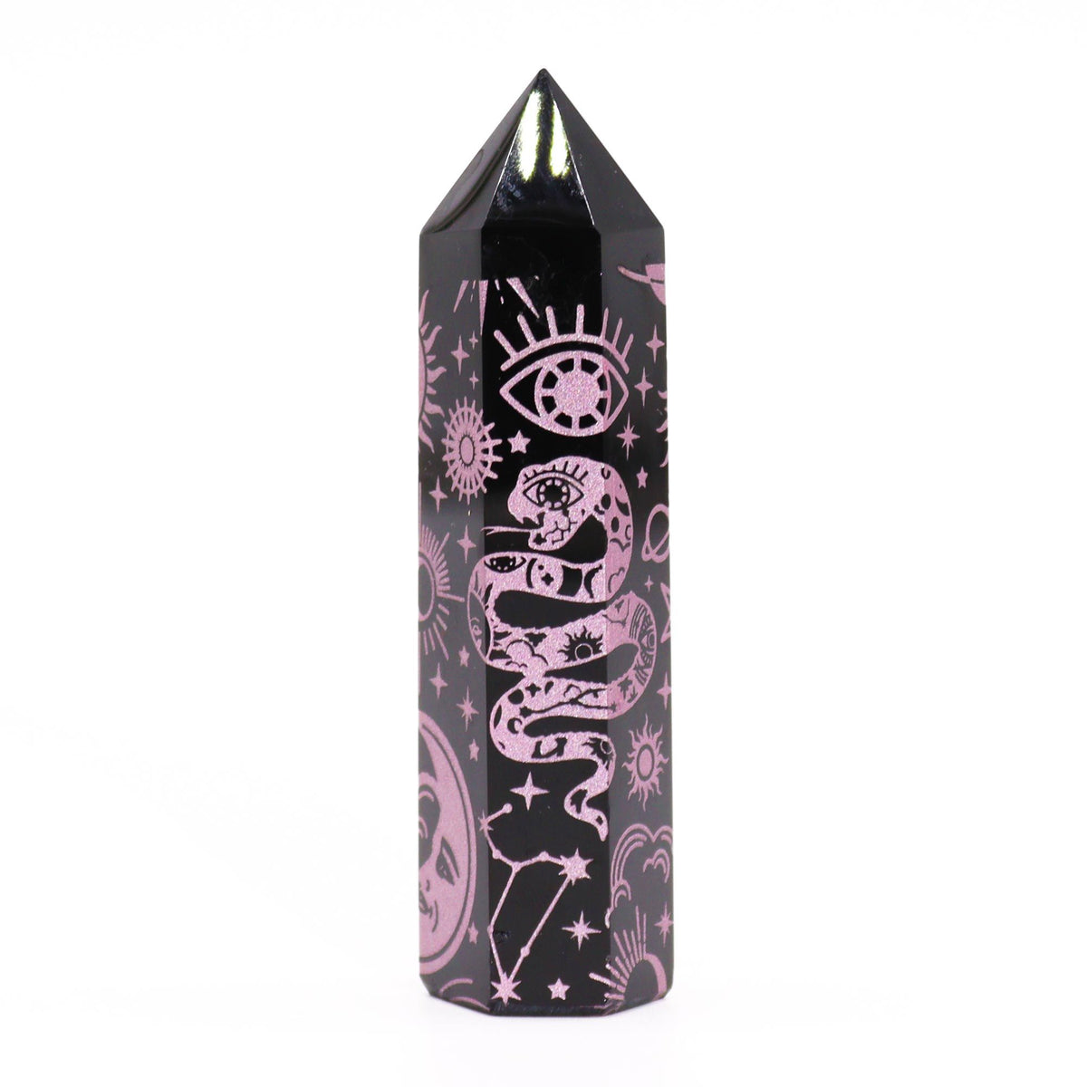 Engraved Black Obsidian Point - Rose Pink Celestial Symbols – view 6