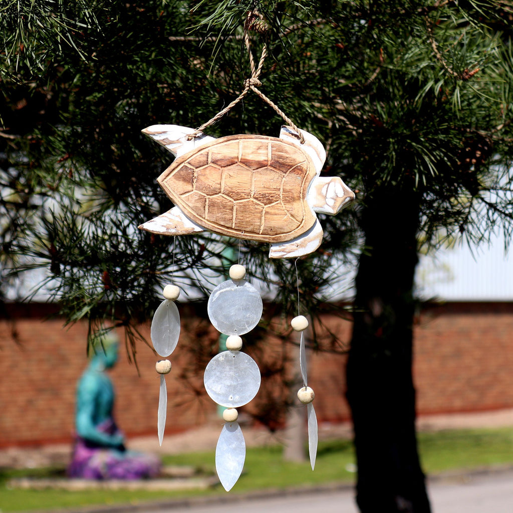 Whitewash Turtle Carving & Natural Capiz Wind Chime – view 2