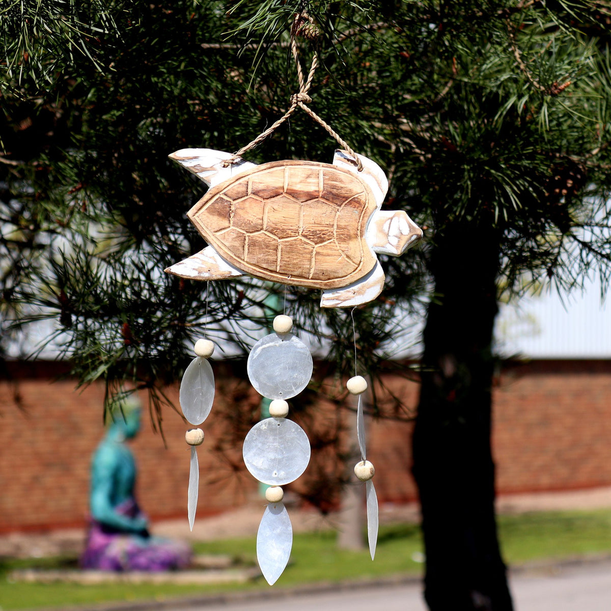 Whitewash Turtle Carving & Natural Capiz Wind Chime – view 2