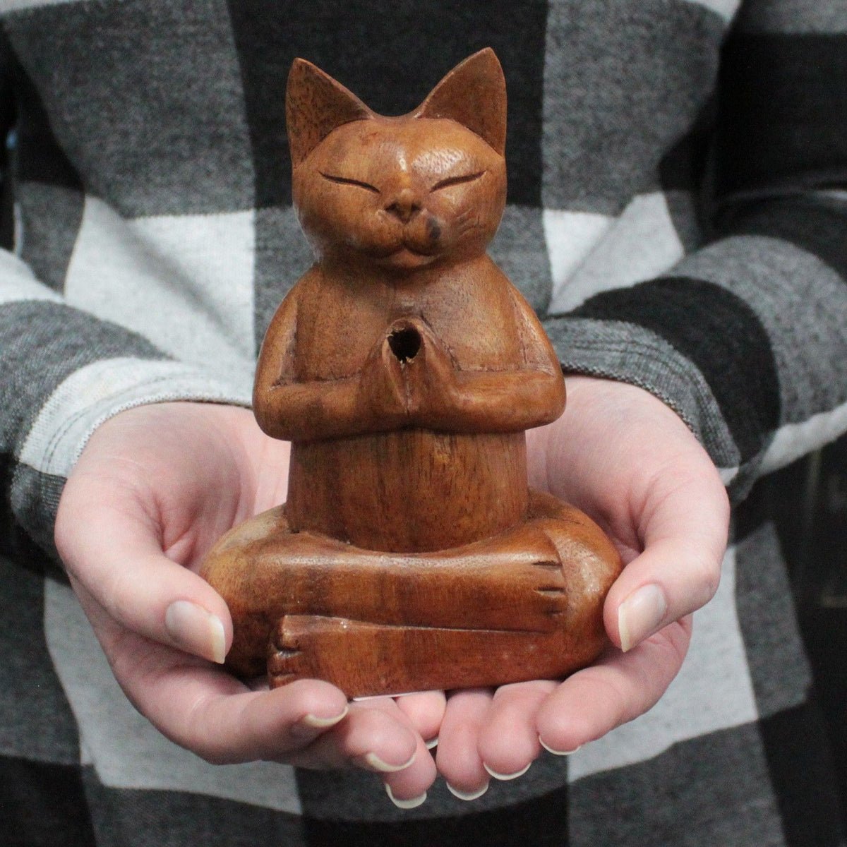 Carved Wooden Incense Burner - Medium Yoga Cat – view 2