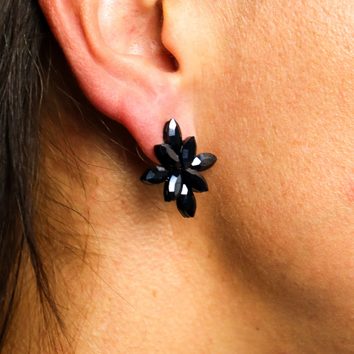 Nymph Jet Black Flower Glass Earrings – view 2