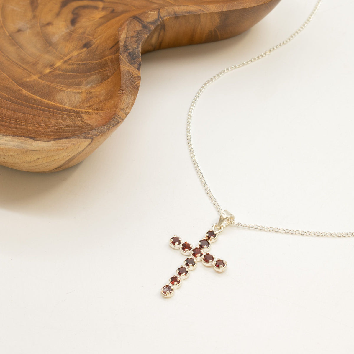 Garnet Crucifix Pendant Necklace on Silver Plated Chain 45cm