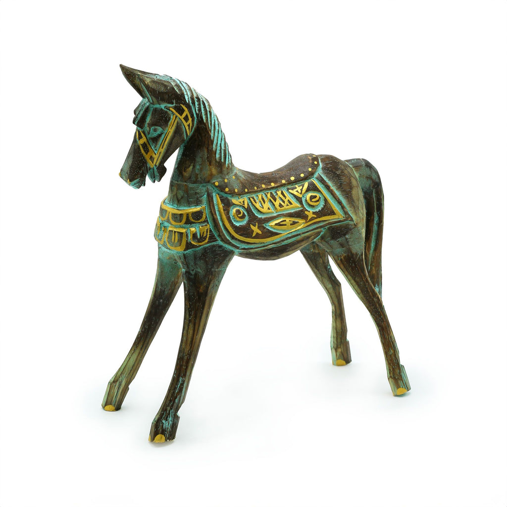 Medium Gold and Turquoise Wood Horse, 25 cm