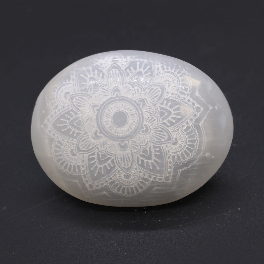 Selenite Palm Stone with Mandala Engraving – view 2