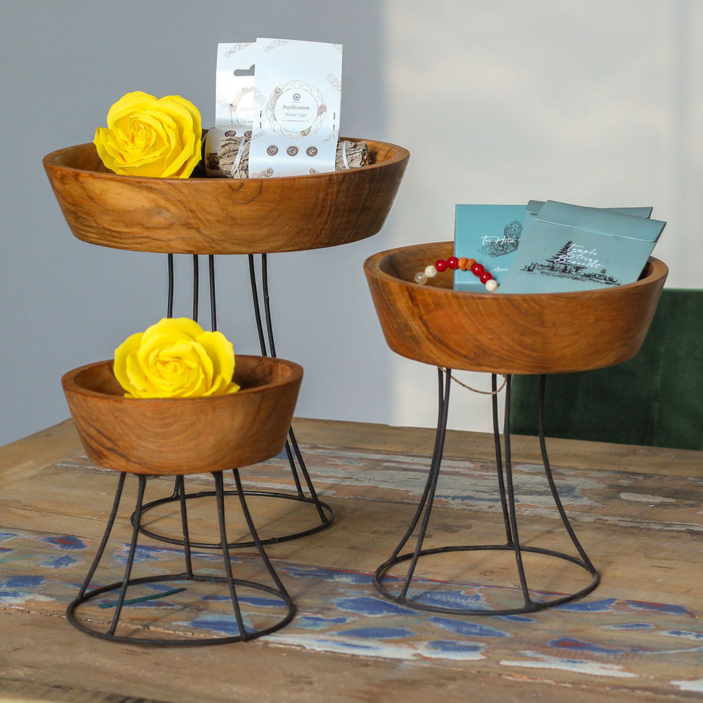 Elevated Teak Bowl on Metal Stand - Large Tray 25cm – view 3