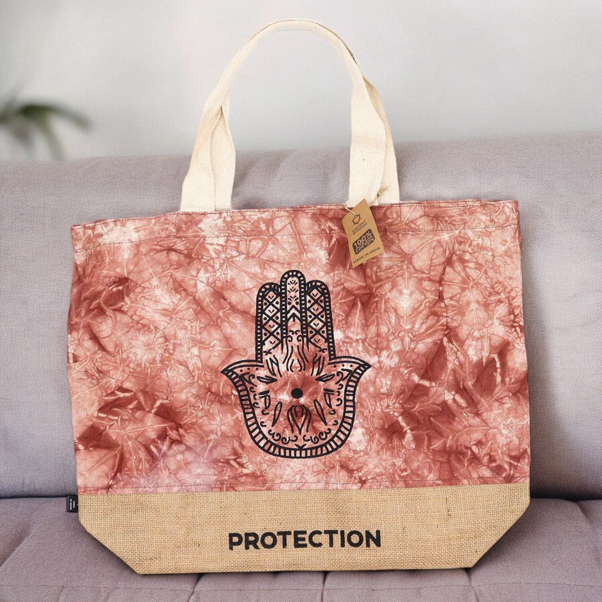 Jute and Cotton Tote Bag - Terracotta Stonewash Hamsa – view 2