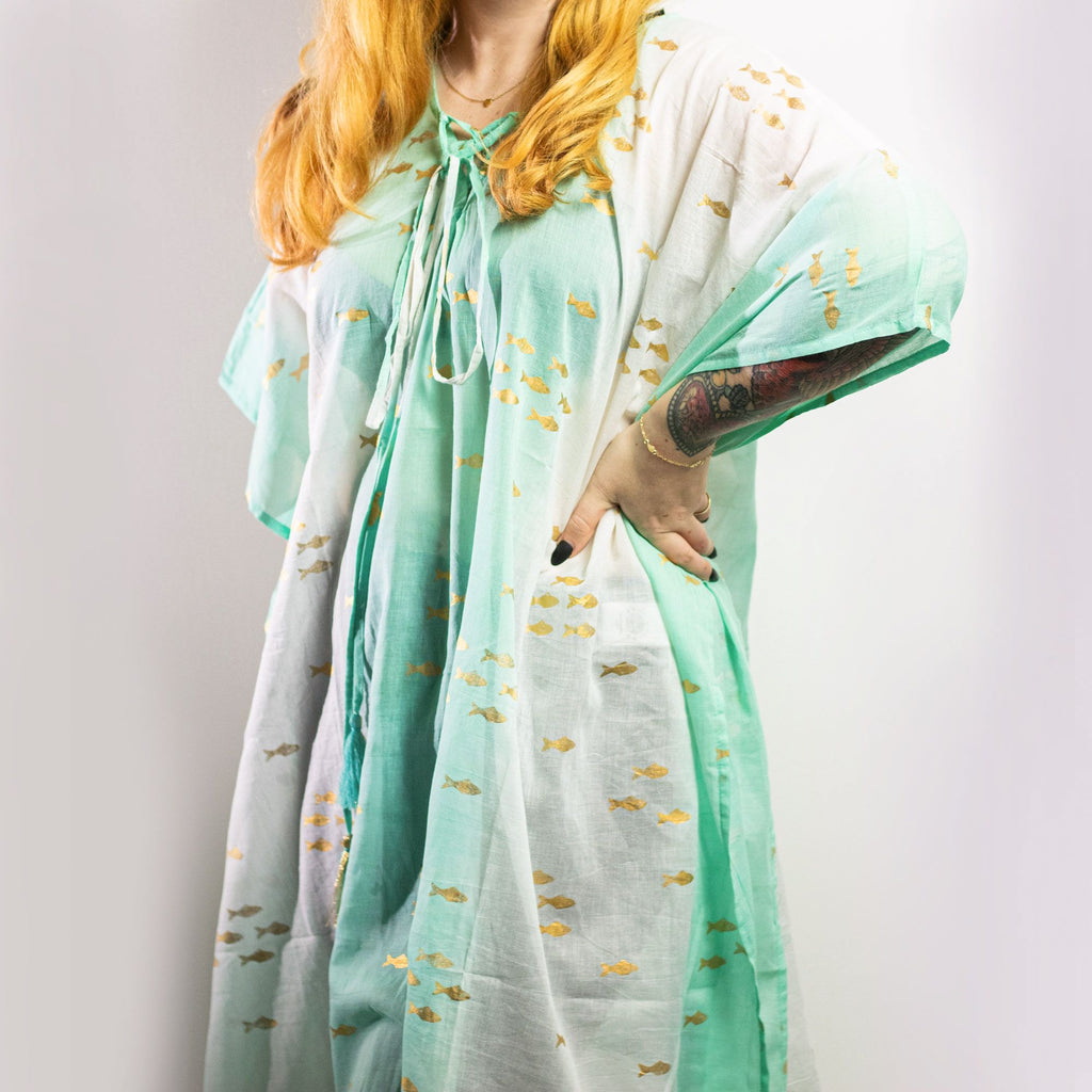 Nomad Sari Kaftan in White, Turquoise & Gold Fish Design – view 3