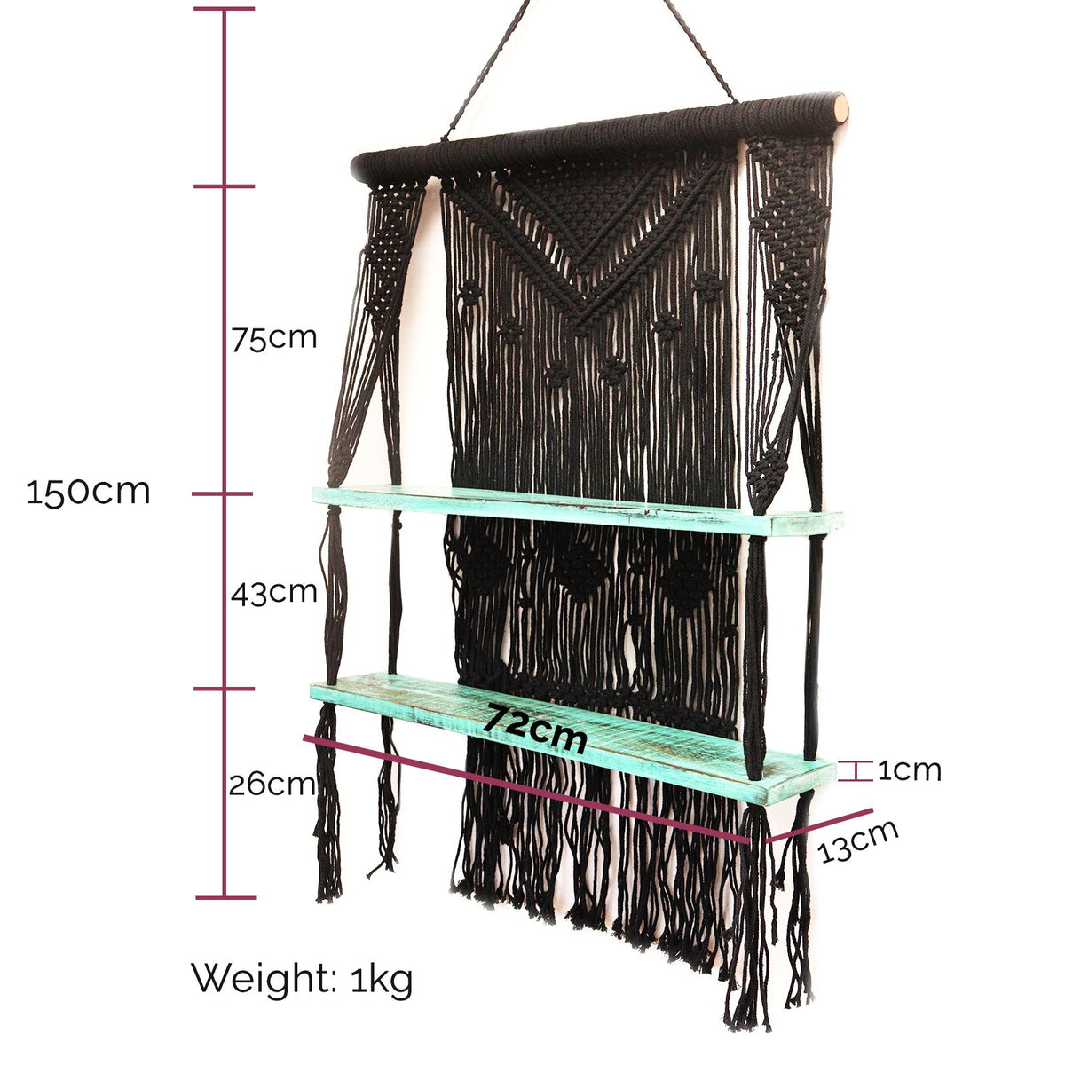 Macrame Hanging Shelf - Brown Wood, Brown Rope, 150 cm