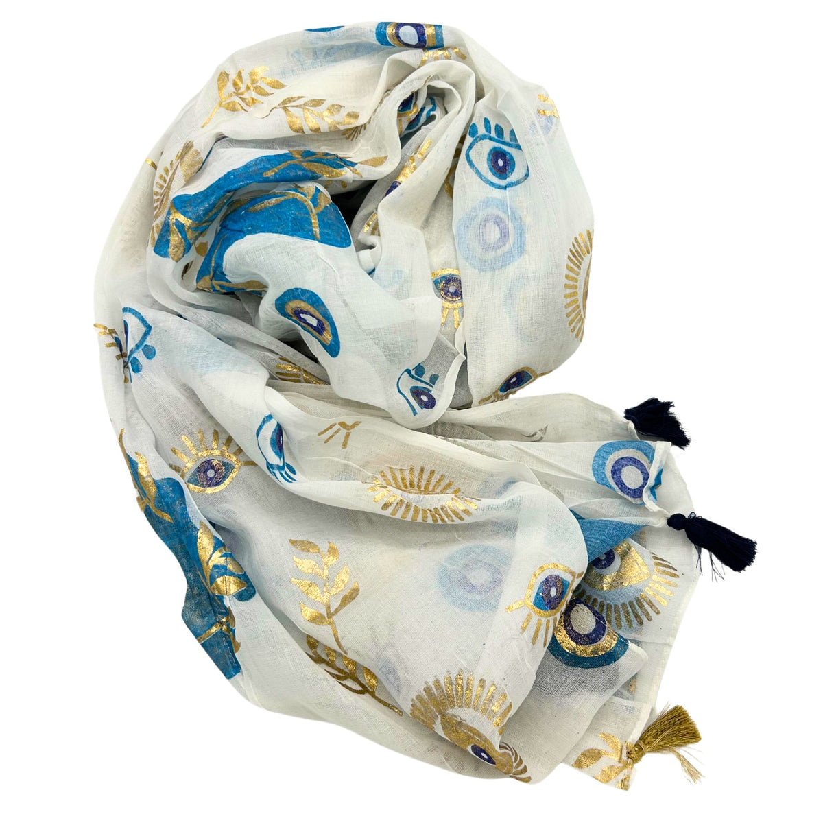Nomad Sari White & Blue Pareo with Gold Evil Eye Design – view 2