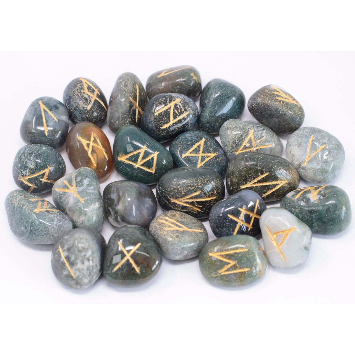 Moss Agate Rune Stone Set in Cotton Pouch