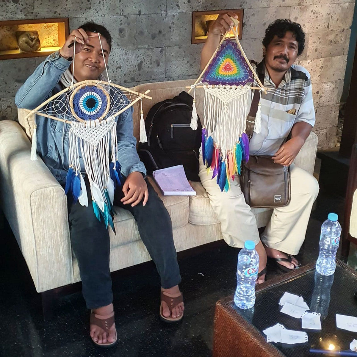 Medium Macrame Eye Dream Catcher - Blue, White & Pink