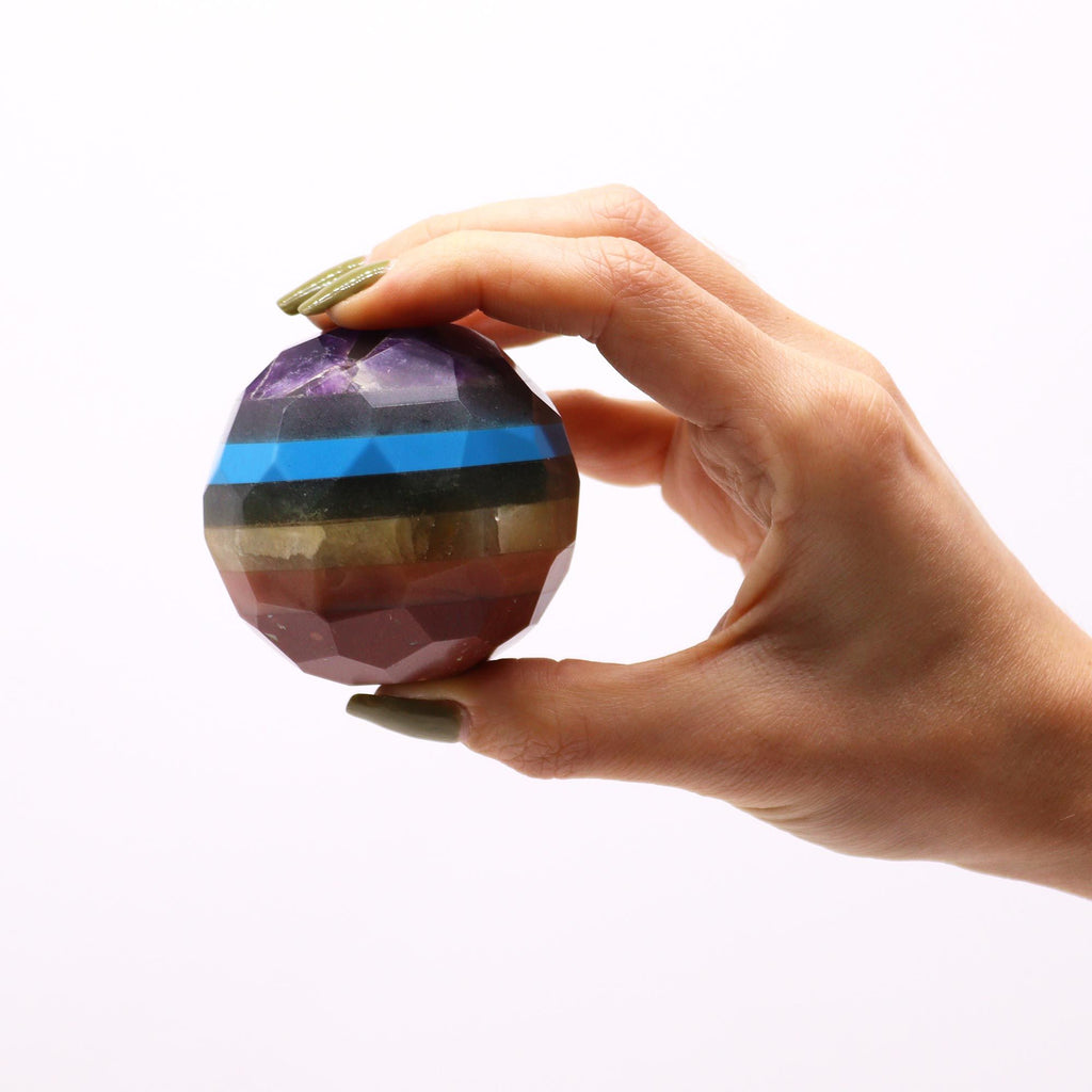 Faceted Seven Chakra Healing Ball with Wooden Stand